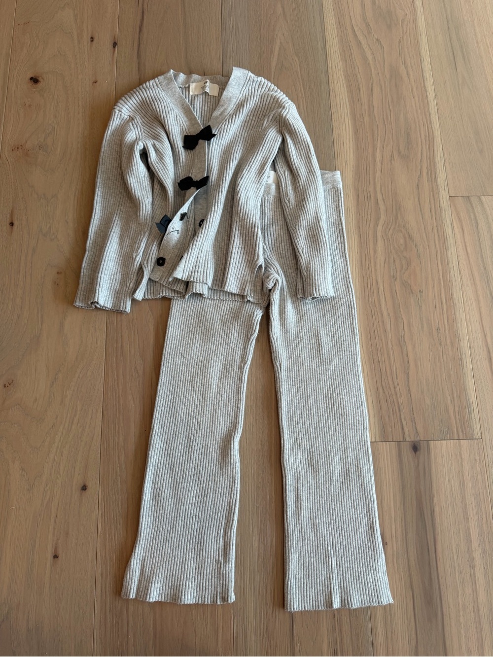 H&M Cream Rib-Knit Pajama Set with Black Bow Details